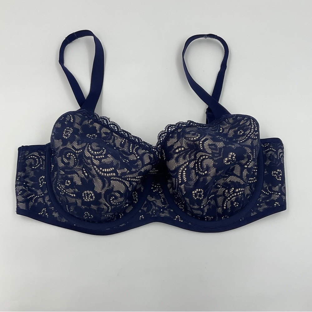 Soma EUC Enticing Lift Full Coverage Navy Lace Bra Nude Background 34D - Picture 10 of 16